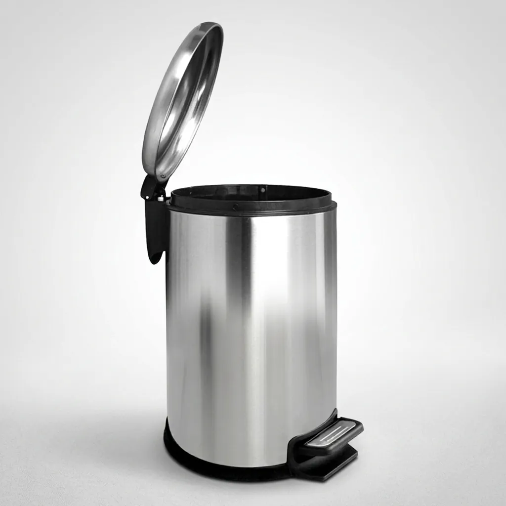 Stainless Steel Round Pedal Dustbin 12L with Non-Slip Base — DBN-1056 — A 12L round pedal dustbin in matte 410 stainless steel with a quiet soft-close lid for larger rooms. Hands-free foot operation, fire-safe construction and a removable liner keep it hygienic, with a carry handle. W25 x H39cm. (image 8)