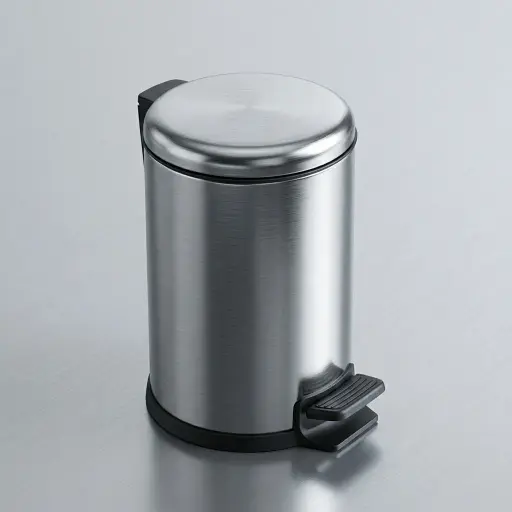 Stainless Steel Round Pedal Dustbin 8L with Non-Slip Base — DBN-1058 — An 8L round pedal dustbin in matte 410 stainless steel with a quiet soft-close lid. Hands-free foot operation, fire-safe construction and a removable liner keep it hygienic and easy to clean, with a carry handle and non-slip base. Measures 22.5cm wide and 34cm tall.