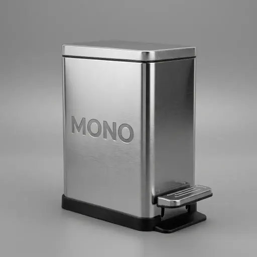 Stainless Steel Pedal Dustbin 15L with Anti-Slip — DBN-1063 — A 15L rectangular pedal dustbin in matte 410 stainless steel with a quiet soft-close lid. The hands-free foot pedal and buffer closing device keep it hygienic and quiet, with a removable liner for easy cleaning. Space-saving 27x18cm footprint and 38cm tall, available in black, white or silver.