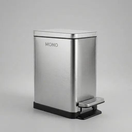Stainless Steel Rectangle Pedal Dustbin 10L — DBN-1064 — A 10L rectangular pedal dustbin in matte 410 stainless steel with a quiet soft-close lid. Hands-free foot operation and a buffer closing device keep disposal hygienic, while the removable liner makes cleaning simple. Slim 24x14cm footprint and 35cm tall, available in black, white or silver.