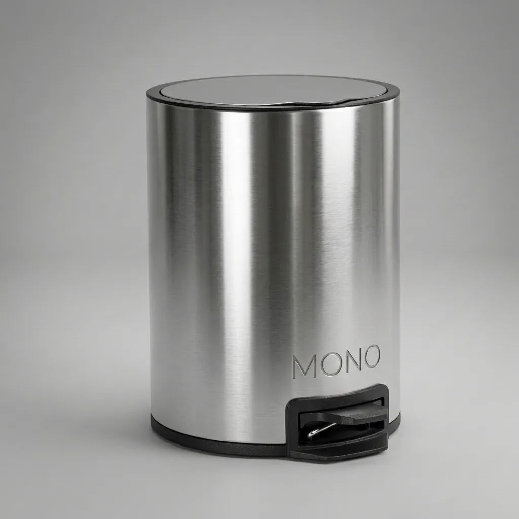 Stainless Steel Round Pedal Dustbin 5L with Non-Slip Base [1069] — DBN-1069 — A 5L round pedal dustbin in 410 stainless steel with a slim cover and quiet soft-close lid, offered in matte or shiny finish. Hands-free foot operation and a removable PP inner barrel with handle make disposal hygienic and cleaning easy, with a garbage-bag storage hole to keep liners tidy. Measures 24.5cm across and 29.5cm tall, available in black, white or silver. (image 1)