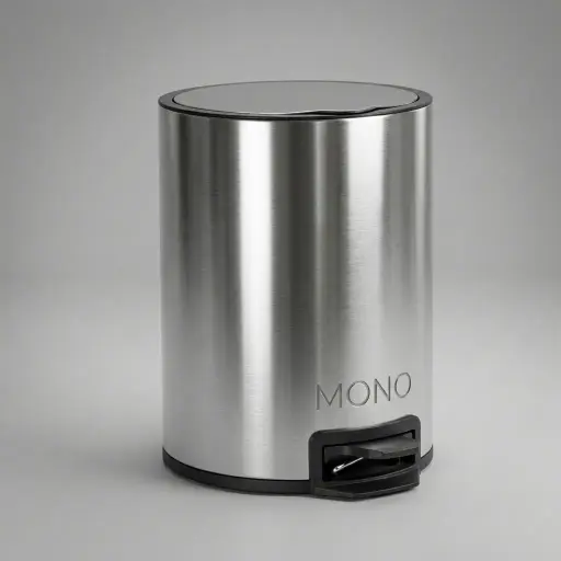 Stainless Steel Round Pedal Dustbin 5L with Non-Slip Base [1069] — DBN-1069 — A 5L round pedal dustbin in 410 stainless steel with a slim cover and quiet soft-close lid, offered in matte or shiny finish. Hands-free foot operation and a removable PP inner barrel with handle make disposal hygienic and cleaning easy, with a garbage-bag storage hole to keep liners tidy. Measures 24.5cm across and 29.5cm tall, available in black, white or silver.