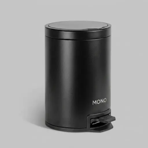 Stainless Steel Round Pedal Dustbin 5L with Non-Slip Base [1071] — DBN-1071 — A 5L round pedal dustbin in 410 stainless steel with a slim cover and quiet soft-close lid, offered in matte or shiny finish. Hands-free foot operation and a removable PP inner barrel with handle make disposal hygienic and cleaning simple, with a garbage-bag storage hole for tidy liners. Measures 24.5cm across and 29.5cm tall, available in black or white.