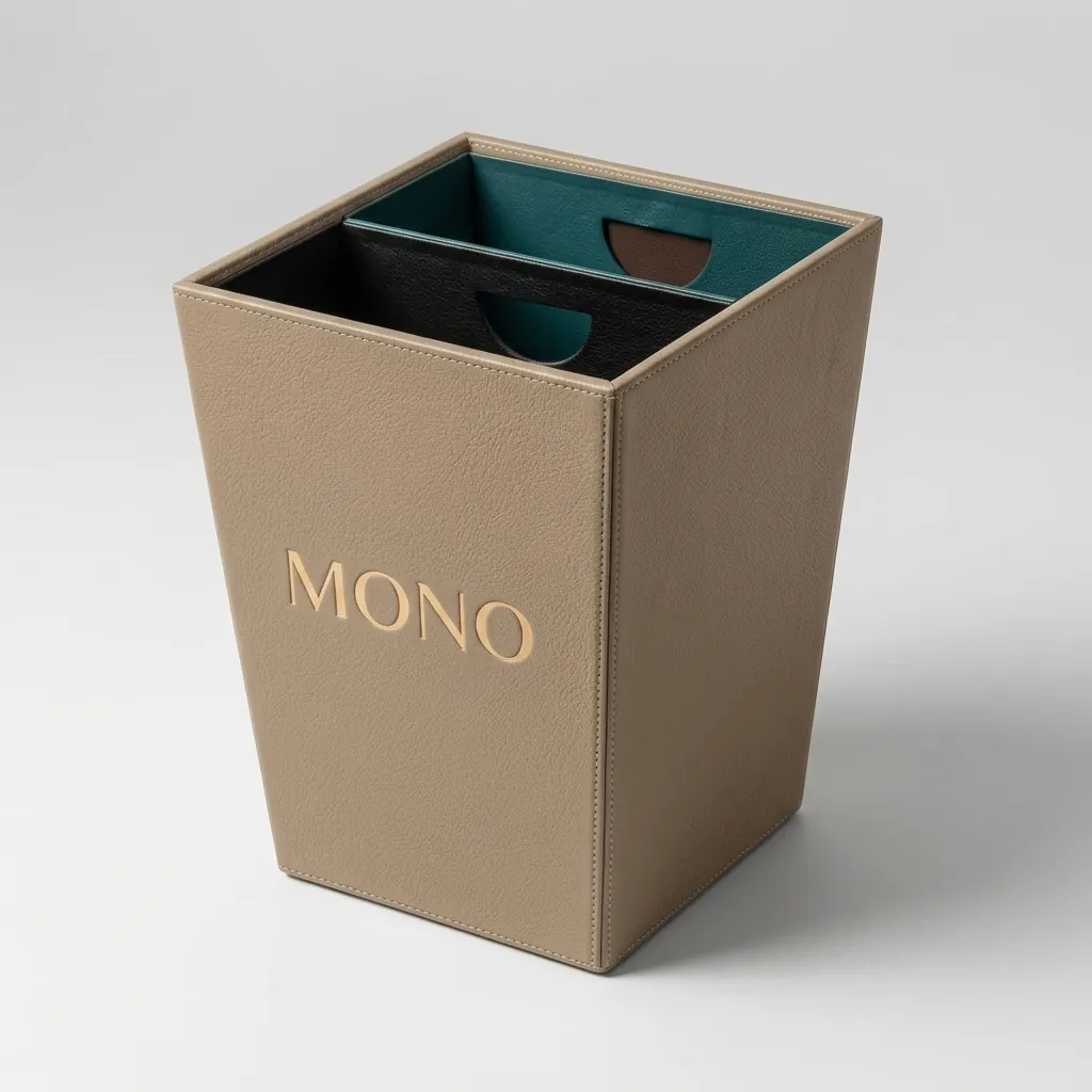 Rd-12 Open Top 2 Compartments Pu Leather Recycle Waste Bin — DBN-1077 — A pyramid recycling bin wrapped in customisable PU leather with two powder-coated metal inner containers for easy waste separation. The elegant tapered form suits hotel spaces while the water-repellent surface wipes clean with ease. Measures 29.2x29.2cm at the top, available in black and green. (image 1)