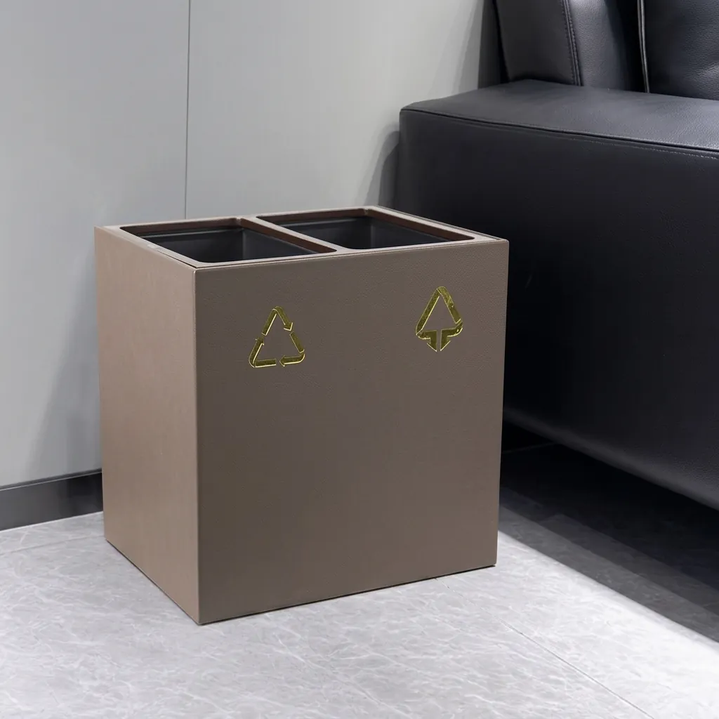 Open-Top PU Leather 2-Compartment Recycle Bin 16L (Rectangle) — DBN-1079 (image 3)