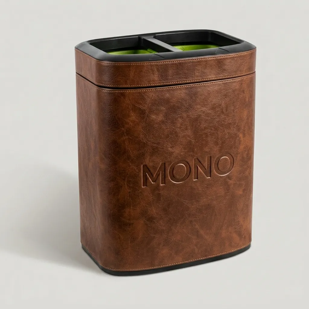 Open-Top PU Leather 2-Compartment Recycle Bin 12L (Rectangle) — DBN-1080 (image 1)