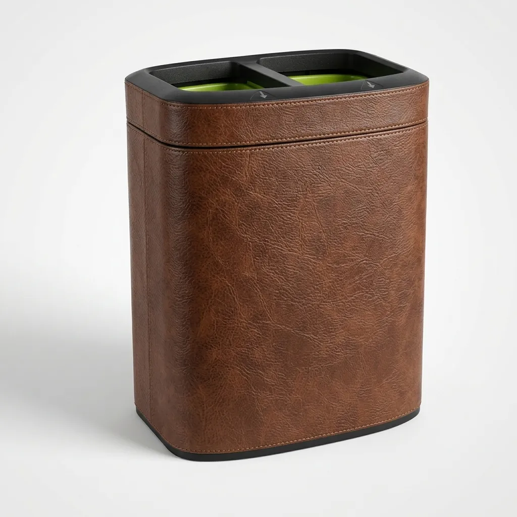 Open-Top PU Leather 2-Compartment Recycle Bin 12L (Rectangle) — DBN-1080 (image 2)
