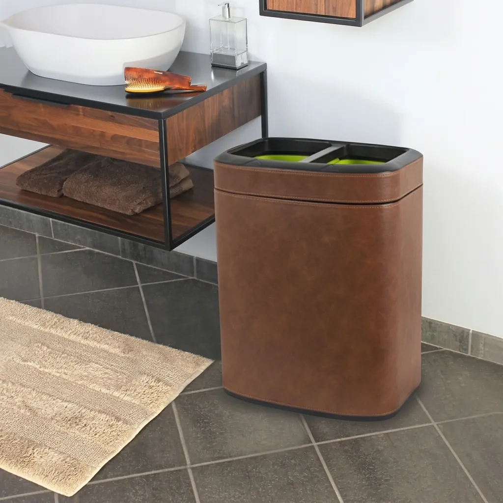 Open-Top PU Leather 2-Compartment Recycle Bin 12L (Rectangle) — DBN-1080 (image 3)