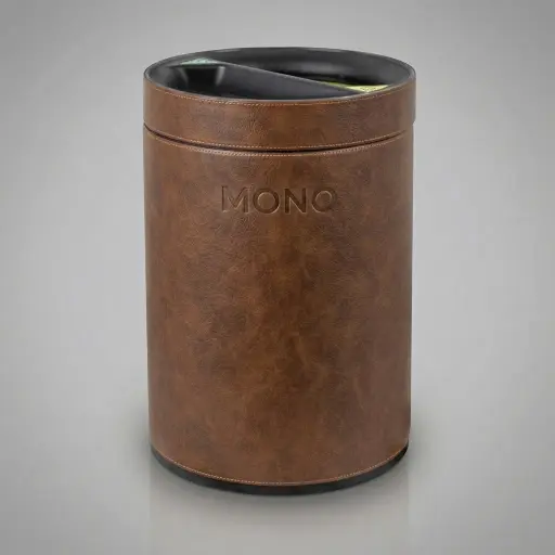 Open-Top PU Leather 2-Compartment Recycle Bin 10L (Round) — DBN-1081 — A 10L round recycling bin wrapped in customisable PU leather with two 5L plastic inner buckets for waste separation. The double-wall design looks elegant while the removable lid eases liner changes, and the surface stays water-repellent and easy to clean. Measures 25cm across and 37.5cm tall.