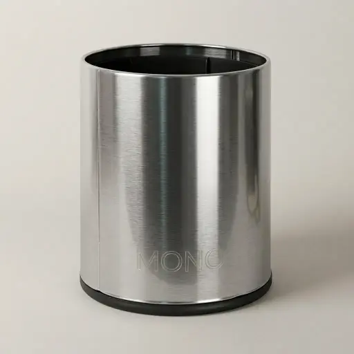 Open Top Stainless Steel Waste Bin 10ltr — DBN-1085 — A 10L round open-top waste bin in 0.4mm 410 stainless steel with a double-wall design that conceals the bag. The inner PP bucket makes cleaning easy while the rubber floor ring keeps it stable, and the surface wipes clean with ease. Measures 22.5cm across and 30cm tall, offered in shiny steel, gold, green or orange.