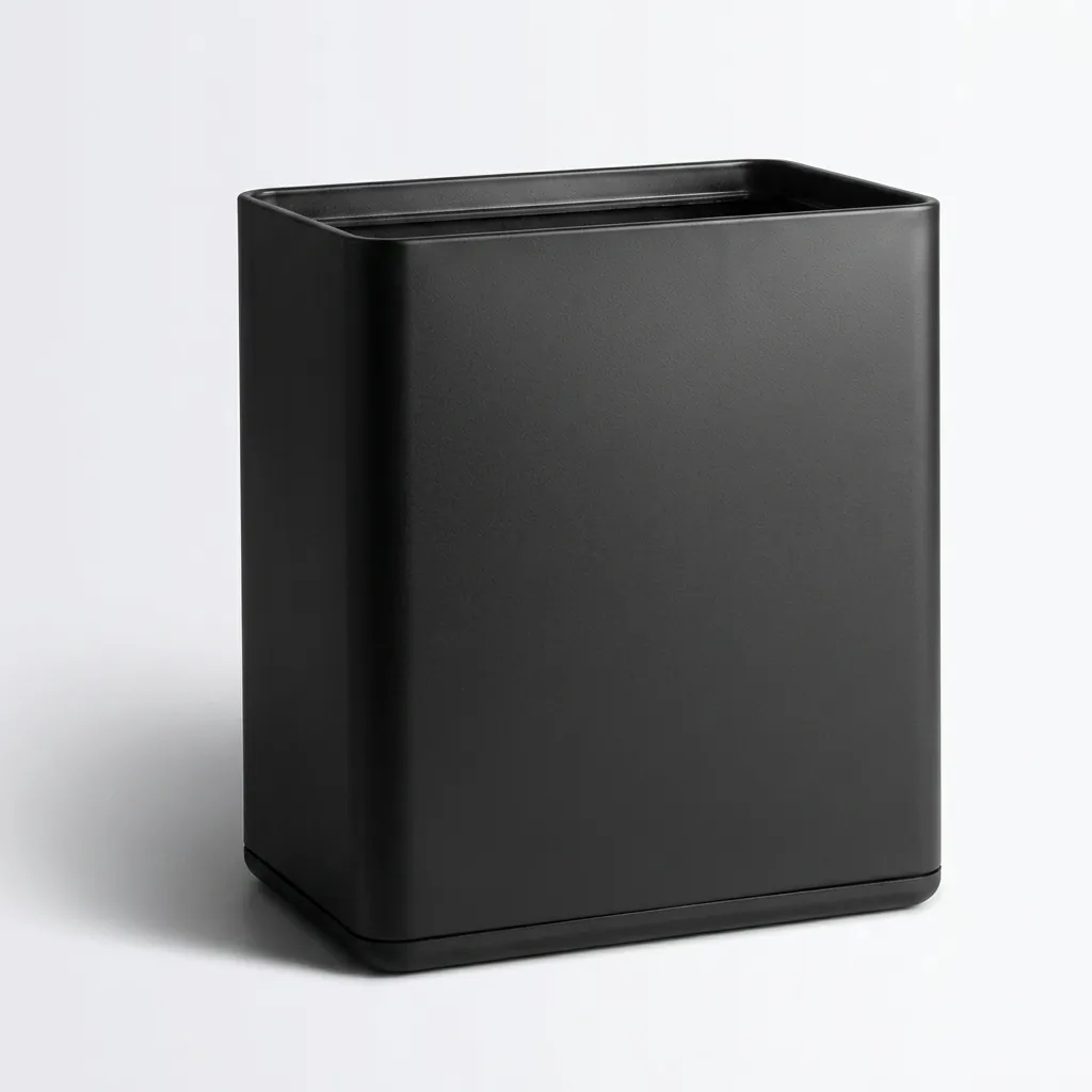 Open-Top Stainless Steel Waste Bin 12L (Rectangle) [1090] — DBN-1090 — A 12L rectangular open-top waste bin in painted metal with a double-wall body that hides the liner neatly. The PP inner bucket lifts out for cleaning, and the rubber rim protects the floor. Matte or shiny black and orange, L26 x W18 x H30cm. (image 2)