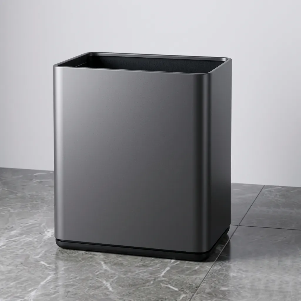 Open-Top Stainless Steel Waste Bin 12L (Rectangle) [1090] — DBN-1090 — A 12L rectangular open-top waste bin in painted metal with a double-wall body that hides the liner neatly. The PP inner bucket lifts out for cleaning, and the rubber rim protects the floor. Matte or shiny black and orange, L26 x W18 x H30cm. (image 3)
