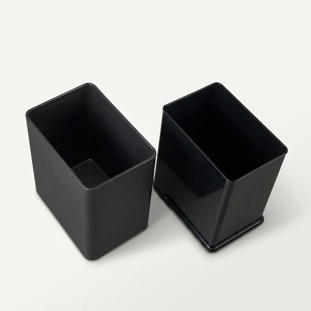 Open-Top Stainless Steel Waste Bin 12L (Rectangle) [1090] — DBN-1090 — A 12L rectangular open-top waste bin in painted metal with a double-wall body that hides the liner neatly. The PP inner bucket lifts out for cleaning, and the rubber rim protects the floor. Matte or shiny black and orange, L26 x W18 x H30cm. (image 4)