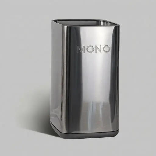 Open Top Stainless Steel Waste Bin — DBN-1091 — A square open-top waste bin in stainless steel with a double-wall design that conceals the bag for a tidy finish. The inner PP bucket makes cleaning simple, and the rubber base rim protects floors. Slim at 21x21x35.5cm, available in shiny steel or shiny black.