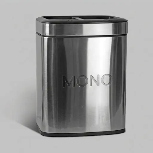 Open-Top Stainless Steel 2-Compartment Recycle Bin 12L (Rectangle) — DBN-1093 — A 12L rectangular recycling bin in shiny 410 stainless steel with two 6L plastic inner buckets for waste separation. The double-wall design looks elegant while the removable lid eases liner changes, and the surface wipes clean easily. Measures 27.5x17.5x36.5cm.