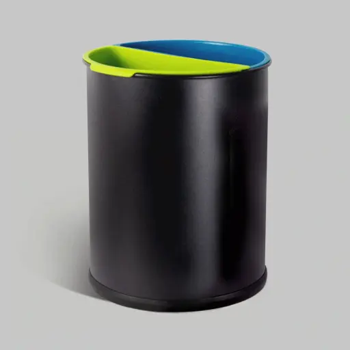 Open Top 2 Compartments Metal Recycle Waste Bin — DBN-1096 — A 10L open-top recycling bin in powder-coated black metal with two removable 5L plastic liners for waste separation. Colour-coded green and blue inner bins make sorting simple, and the rubber base rim protects floors. Round at 22.5cm across and 30.8cm tall.