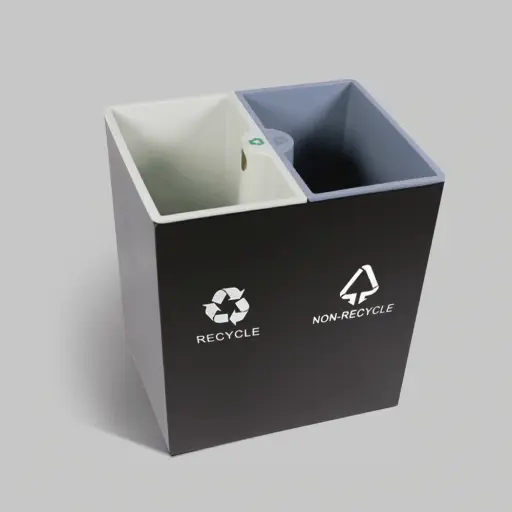 Open-Top PU Leather 2-Compartment Recycle Bin 16L (Pyramid) — DBN-1098 — A 16L pyramid recycling bin wrapped in luxurious PU leather with two removable 8L plastic liners for waste separation. Printed sorting symbols and colour-coded grey and beige inner bins make separation effortless, while the water-repellent surface wipes clean easily. A refined statement piece for upscale hotels.