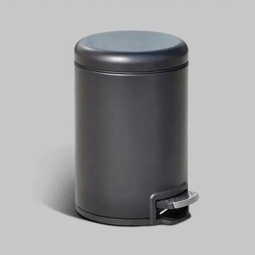 Stainless Steel Round Pedal Dustbin 5L with Non-Slip Base [1099] — DBN-1099 — A 5L round pedal dustbin in 0.4mm 410 stainless steel with a quiet soft-close lid, also offered in 9L and 12L sizes. Hands-free foot operation, fire-safe construction and a removable liner keep it hygienic and easy to clean, with a carry handle and non-slip base. Measures 20.5cm wide and 29cm tall, available in black or stainless steel.