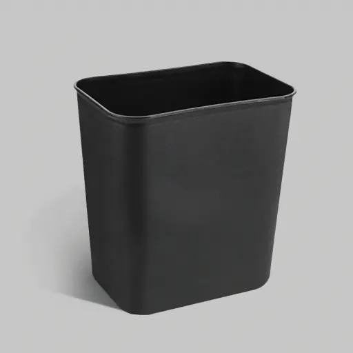 Open Top Plastic Waste Bin 8Ltr — DBN-1101 — An 8L rectangular open-top waste bin in thick, injection-moulded PP plastic built to resist wear, crushing and deformation. The matte finish wipes clean with ease and the non-slip base keeps it steady. Measures 24x16.8x26.5cm, available in grey, black or beige.