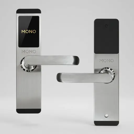 Hotel Smart Door Lock - Stainless Steel — DLK-1025 — A stainless steel hotel smart door lock using electromagnetic induction for fast, reliable RFID card access. Compatible with T5577, Mifare and EM4305 cards, it reads at 3 to 5cm and runs on 4 AA batteries with a low-voltage prompt. Strong anti-static protection keeps access data stable and secure.