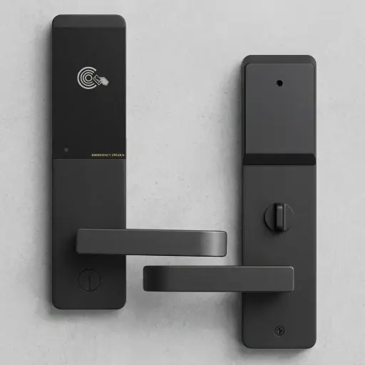 Stainless Steel Ultra-Thin Hotel Smart Door Lock with RFID Card [1026] — DLK-1026 — A stainless steel hotel smart lock with a stylish ultra-thin profile and electromagnetic RFID card access. It works with T5577, Mifare and EM4305 cards at a 3 to 5cm read distance, powered by 4 AA batteries with low-voltage alerts. High anti-static protection keeps card data stable, available in rose gold, black or silver.