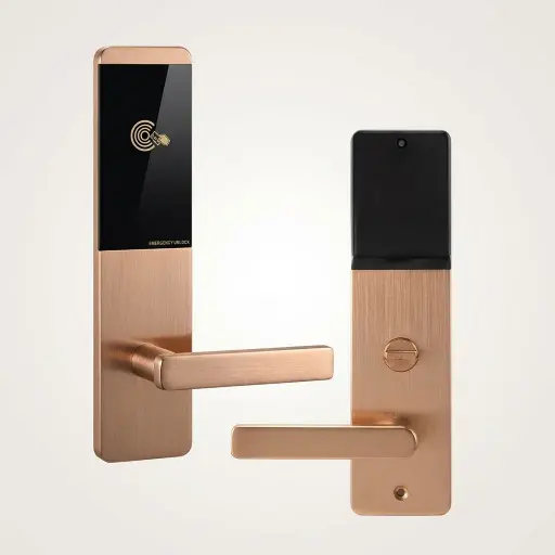 Stainless Steel Hotel Smart Door Lock [1027] — DLK-1027 — A stainless steel hotel smart door lock with a slim, modern design and electromagnetic RFID card access. Compatible with T5577, Mifare and EM4305 cards, it reads at 3 to 5cm and runs on 4 AA batteries with a low-voltage prompt. Robust anti-static protection ensures stable, secure entry, available in rose gold, black or silver.