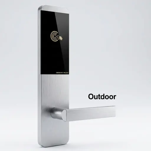Stainless Steel Ultra-Thin Hotel Smart Door Lock with RFID Card [1028] — DLK-1028 — A stainless steel hotel smart lock combining an ultra-thin look with reliable electromagnetic RFID card access. It reads T5577, Mifare and EM4305 cards at 3 to 5cm, powered by 4 AA batteries with low-voltage alerts and strong anti-static protection. A secure, stylish choice in rose gold, black or silver.