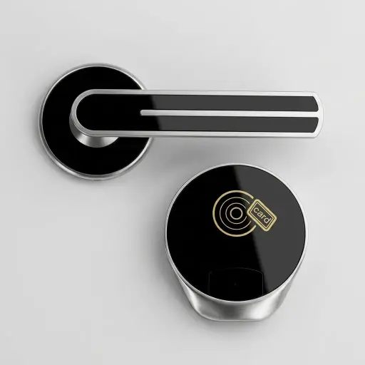 Hotel Smart Door Lock with RFID Card — DLK-1029 — A hotel smart door lock with electromagnetic induction technology for smooth RFID card entry. Compatible with T5577, Mifare and EM4305 cards at a 3 to 5cm read distance, it runs on 4 AA batteries with low-voltage alerts and strong anti-static protection. Available in silver, copper, bronze or black.
