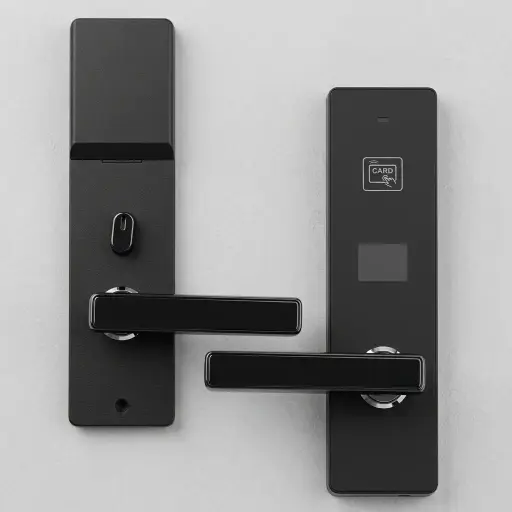 Stainless Steel Hotel Smart Door Lock with RFID Card [1030] — DLK-1030 — A stainless steel hotel smart door lock with electromagnetic RFID card access and frame options in silver, black or gold. It reads T5577, Mifare and EM4305 cards at 3 to 5cm, powered by 4 AA batteries with a low-voltage prompt. High anti-static protection keeps entry stable and secure.