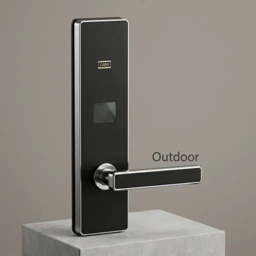 Stainless Steel Hotel Smart Door Lock with RFID Card [1031] — DLK-1031 — A stainless steel hotel smart door lock offering reliable electromagnetic RFID card entry with silver, black or gold frame options. Compatible with T5577, Mifare and EM4305 cards at a 3 to 5cm read distance, it runs on 4 AA batteries with low-voltage alerts. Strong anti-static protection ensures stable, secure access.