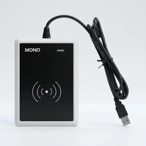 Hotel Smart Card Encoder For Hotel Door Lock System — DLK-1032 — A hotel card encoder that programs guest key cards for the door-lock system, reading and writing 125kHz T5577 and 13.56MHz M1 cards in under 100ms. The 5V ABS unit pairs with Pro USB V9 hotel software for fast front-desk setup. Compact and lightweight at 0.8kg with a 102x140mm panel.