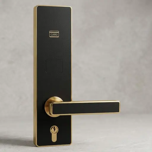 Stainless Steel Hotel Smart Door Lock [1033] — DLK-1033 — A stainless steel hotel smart door lock with electromagnetic RFID card access and frame options in silver, black or gold. Compatible with T5577, Mifare and EM4305 cards at a 3 to 5cm read distance, it runs on 4 AA batteries with low-voltage alerts. Strong anti-static protection keeps entry stable and secure.