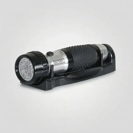 Led Rechargeable Flashlight Wall Mounted — EFL-1024 — A wall-mounted rechargeable LED flashlight in an aluminium alloy shell with an anti-slip rubber grip. Its 13 LEDs deliver bright light, and the included charging base rack keeps it ready and within reach. Runs on 3 AA batteries, measures 185x60x55mm and ships with fixing screws for easy mounting.