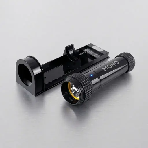 ABS LED Anti-Fall Flashlight Wall Mounted [1028] — EFL-1028 — A wall-mounted ABS emergency flashlight with anti-fall rubber and three large LEDs for strong, steady light. A fluorescent label aids quick location, and it switches on automatically when removed from its bracket. Delivers up to 120 hours of light on 2 D batteries, measuring 230x60x65mm.