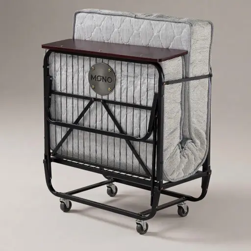 Foldable Extra Bed With Mattress (90x195cm) — EXB-1024 — A foldable single extra bed on a sturdy painted steel frame with wooden side rails and a 20cm mattress. It folds compactly and rolls on wheels for quick setup and storage between guests. Sized at 90x195cm with replaceable wheels available as spares.