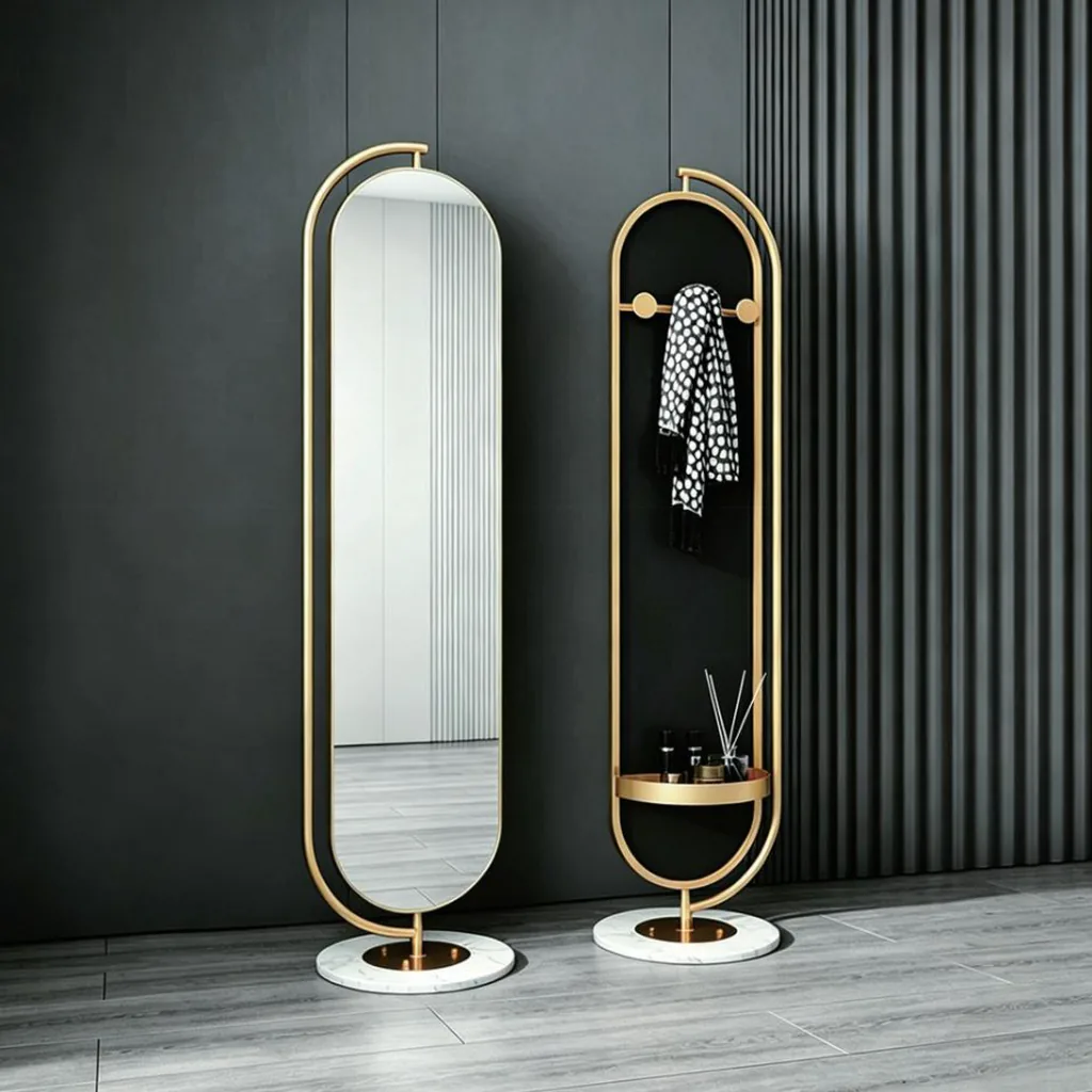 Oval Standing Mirror with Marble Base and Storage Shelf — FLM-1053
