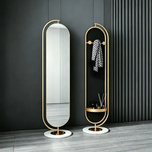 Oval Standing Mirror with Marble Base and Storage Shelf — FLM-1053