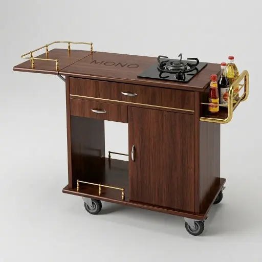 Wooden Flambe Trolley with 1 Gas Stove [1024] — FLT-1024 — A hand-pushed flambe trolley in wood with a titanium-finished surface and a single ceramic gas stove for tableside cooking. Four 360-degree wheels, two of them lockable, make it easy to manoeuvre and park securely. A refined 1120x545x860mm piece in cherry red for restaurant service.
