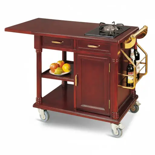 Wooden Flambe Trolley with 1 Gas Stove [1026] — FLT-1026 — A hand-pushed flambe trolley in wood with a titanium-finished surface and a single ceramic gas stove for tableside flambe and finishing. Four 360-degree wheels, two lockable, make manoeuvring and parking effortless. A 1120x545x860mm trolley in cherry red for restaurant dining rooms.