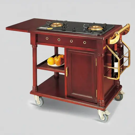 Wooden Flambe Trolley with 2 Gas Stove [1027] — FLT-1027 — A hand-pushed flambe trolley in wood with a titanium-finished top and two ceramic gas stoves for tableside cooking. Four 360-degree wheels, two of them lockable, allow smooth movement and stable positioning. A larger 1240x510x850mm trolley in cherry red for restaurant service.