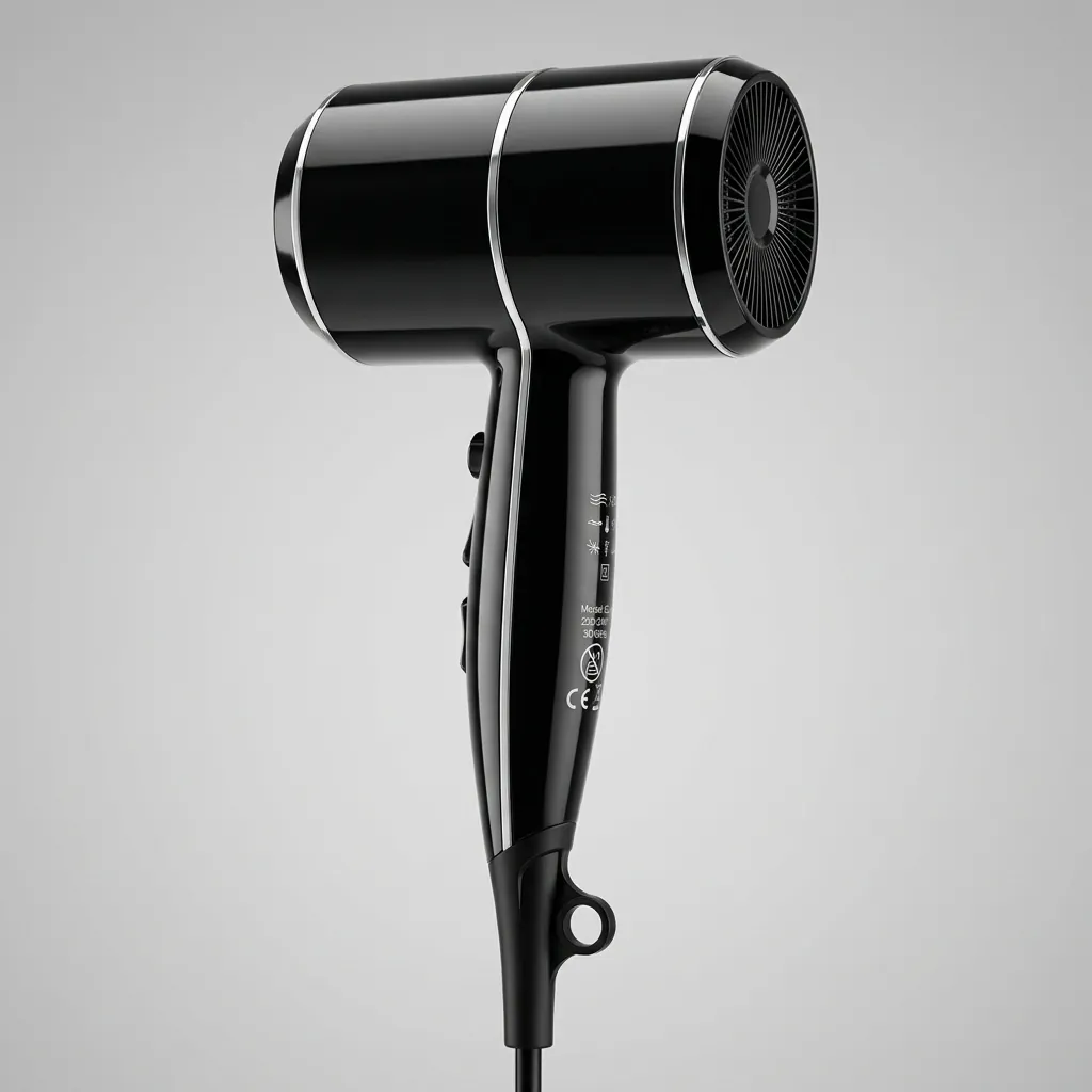 Hair Dryer 2100W — HDR-1024 — A powerful 1800 to 2100W hair dryer with three temperature settings including a cool shot, finished in high-gloss chrome. Over-heating protection and a hotel safety switch make it dependable for guest use, while the removable nozzle and hang-up loop add convenience. CE, CB, GCC and RoHS approved. (image 6)