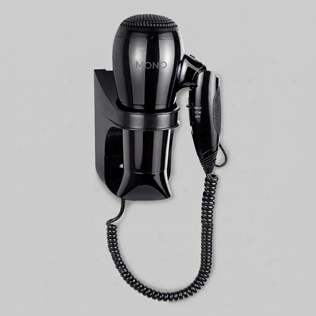 Wall Mounted Foldable Hair Dryer 1800 2100W — HDR-1025 — A wall-mounted foldable hair dryer rated 1800 to 2100W with three heat and two speed settings plus an ionic function for softer hair. A branded motor keeps it quiet and stable, with overheat protection and automatic shut-off for safety. The retractable 1.8m cord, foldable handle and removable filter make it tidy and easy to clean. CE, CB, GCC and RoHS approved. (image 1)