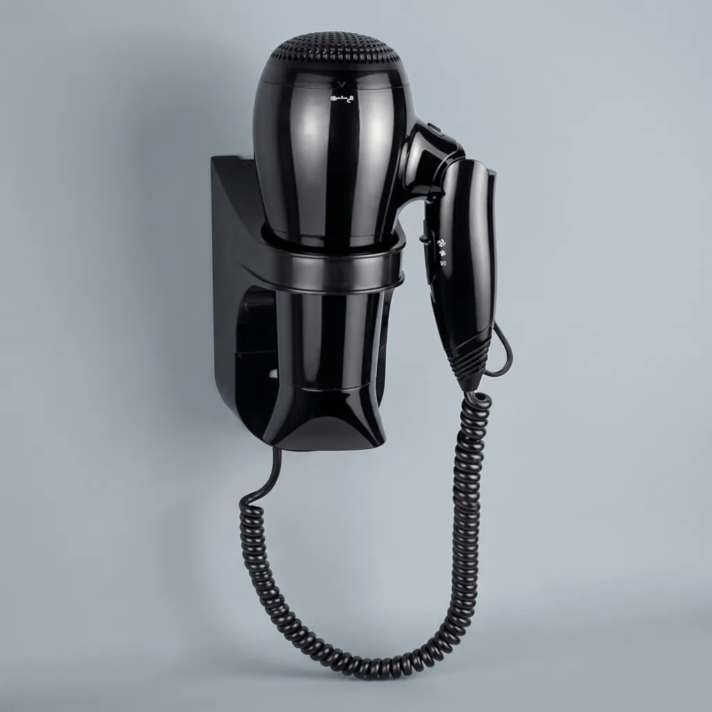 Wall Mounted Foldable Hair Dryer 1800 2100W — HDR-1025 — A wall-mounted foldable hair dryer rated 1800 to 2100W with three heat and two speed settings plus an ionic function for softer hair. A branded motor keeps it quiet and stable, with overheat protection and automatic shut-off for safety. The retractable 1.8m cord, foldable handle and removable filter make it tidy and easy to clean. CE, CB, GCC and RoHS approved. (image 2)