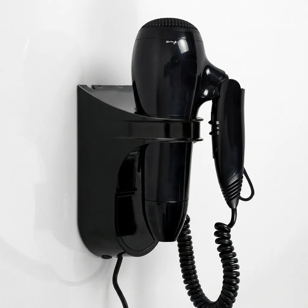 Wall Mounted Foldable Hair Dryer 1800 2100W — HDR-1025 — A wall-mounted foldable hair dryer rated 1800 to 2100W with three heat and two speed settings plus an ionic function for softer hair. A branded motor keeps it quiet and stable, with overheat protection and automatic shut-off for safety. The retractable 1.8m cord, foldable handle and removable filter make it tidy and easy to clean. CE, CB, GCC and RoHS approved. (image 4)
