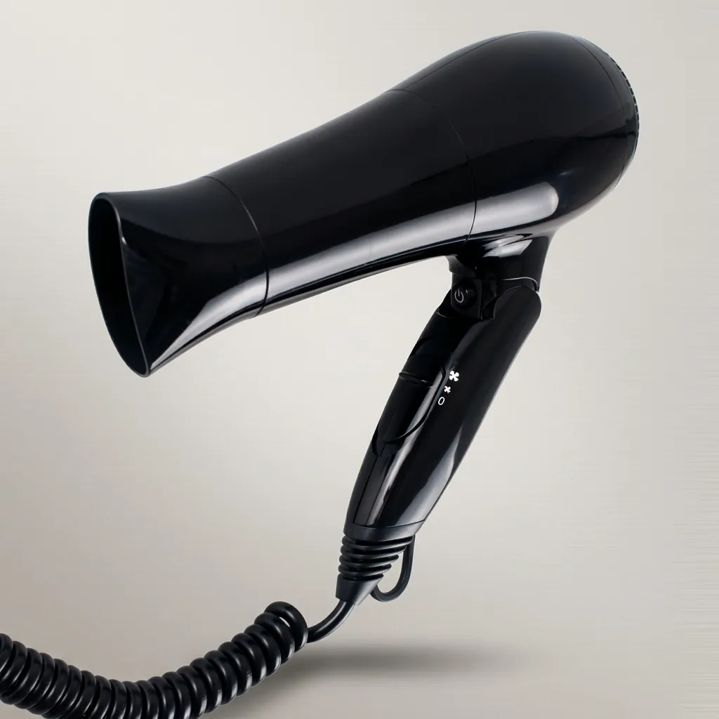 Wall Mounted Foldable Hair Dryer 1800 2100W — HDR-1025 — A wall-mounted foldable hair dryer rated 1800 to 2100W with three heat and two speed settings plus an ionic function for softer hair. A branded motor keeps it quiet and stable, with overheat protection and automatic shut-off for safety. The retractable 1.8m cord, foldable handle and removable filter make it tidy and easy to clean. CE, CB, GCC and RoHS approved. (image 6)