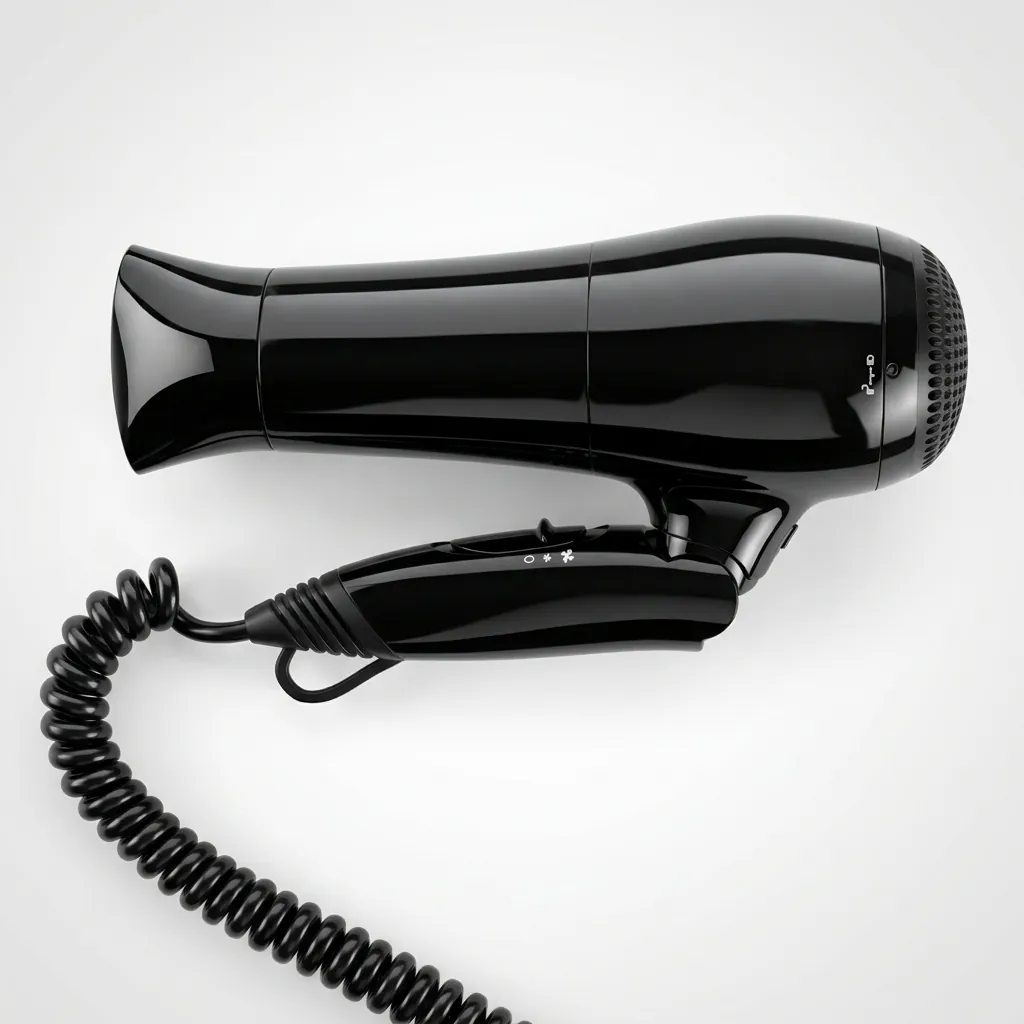Wall Mounted Foldable Hair Dryer 1800 2100W — HDR-1025 — A wall-mounted foldable hair dryer rated 1800 to 2100W with three heat and two speed settings plus an ionic function for softer hair. A branded motor keeps it quiet and stable, with overheat protection and automatic shut-off for safety. The retractable 1.8m cord, foldable handle and removable filter make it tidy and easy to clean. CE, CB, GCC and RoHS approved. (image 7)