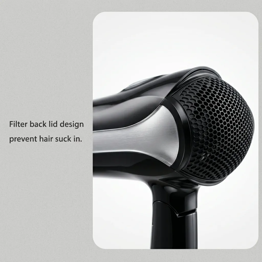 Foldable Hair Dryer 1600W — HDR-1026 — A foldable 1600W hair dryer with three temperature and two speed settings, finished in lustrous silver and black. A hotel safety switch and over-heating protection make it reliable for guest use, while the foldable handle and removable nozzle aid storage. Measures 15.5x8.5x20cm with a 1.8m cord. CE, CB, GCC and RoHS approved. (image 2)
