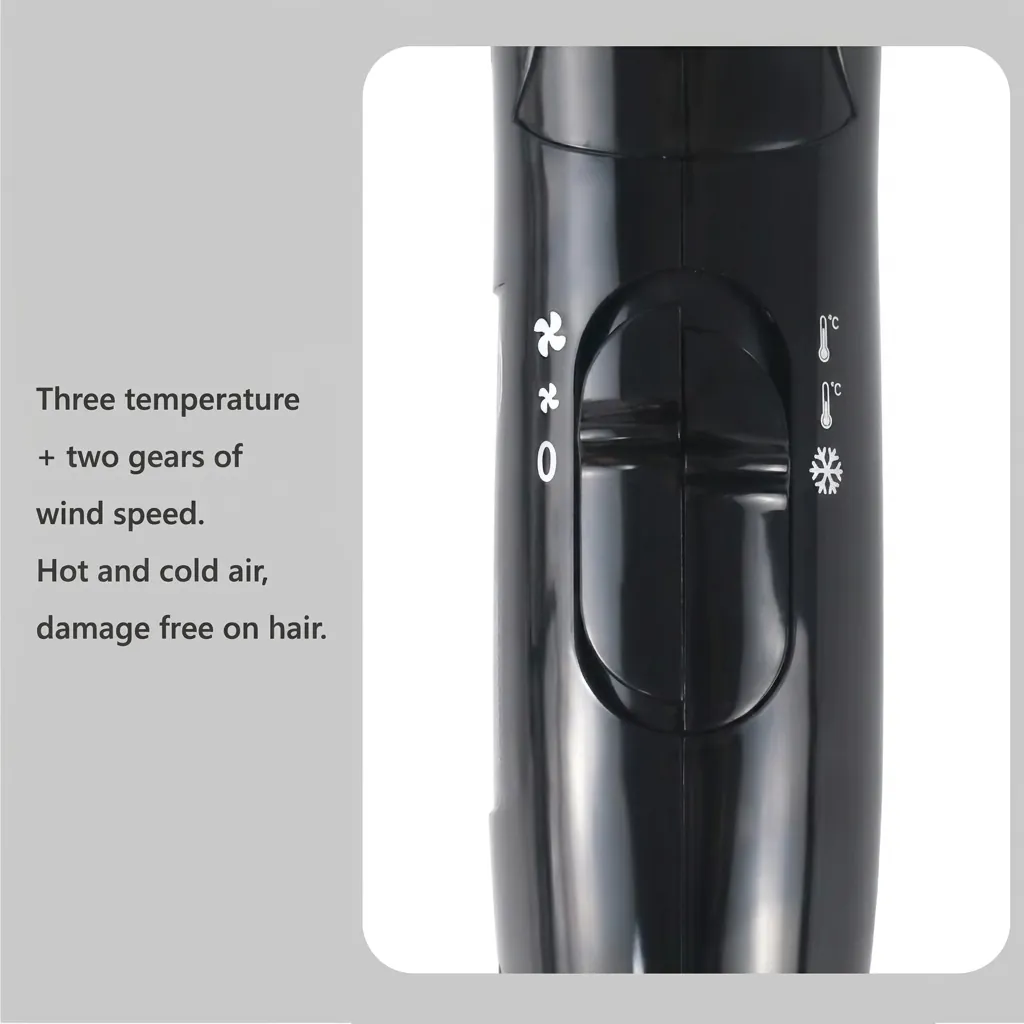 Foldable Hair Dryer 1600W — HDR-1026 — A foldable 1600W hair dryer with three temperature and two speed settings, finished in lustrous silver and black. A hotel safety switch and over-heating protection make it reliable for guest use, while the foldable handle and removable nozzle aid storage. Measures 15.5x8.5x20cm with a 1.8m cord. CE, CB, GCC and RoHS approved. (image 3)