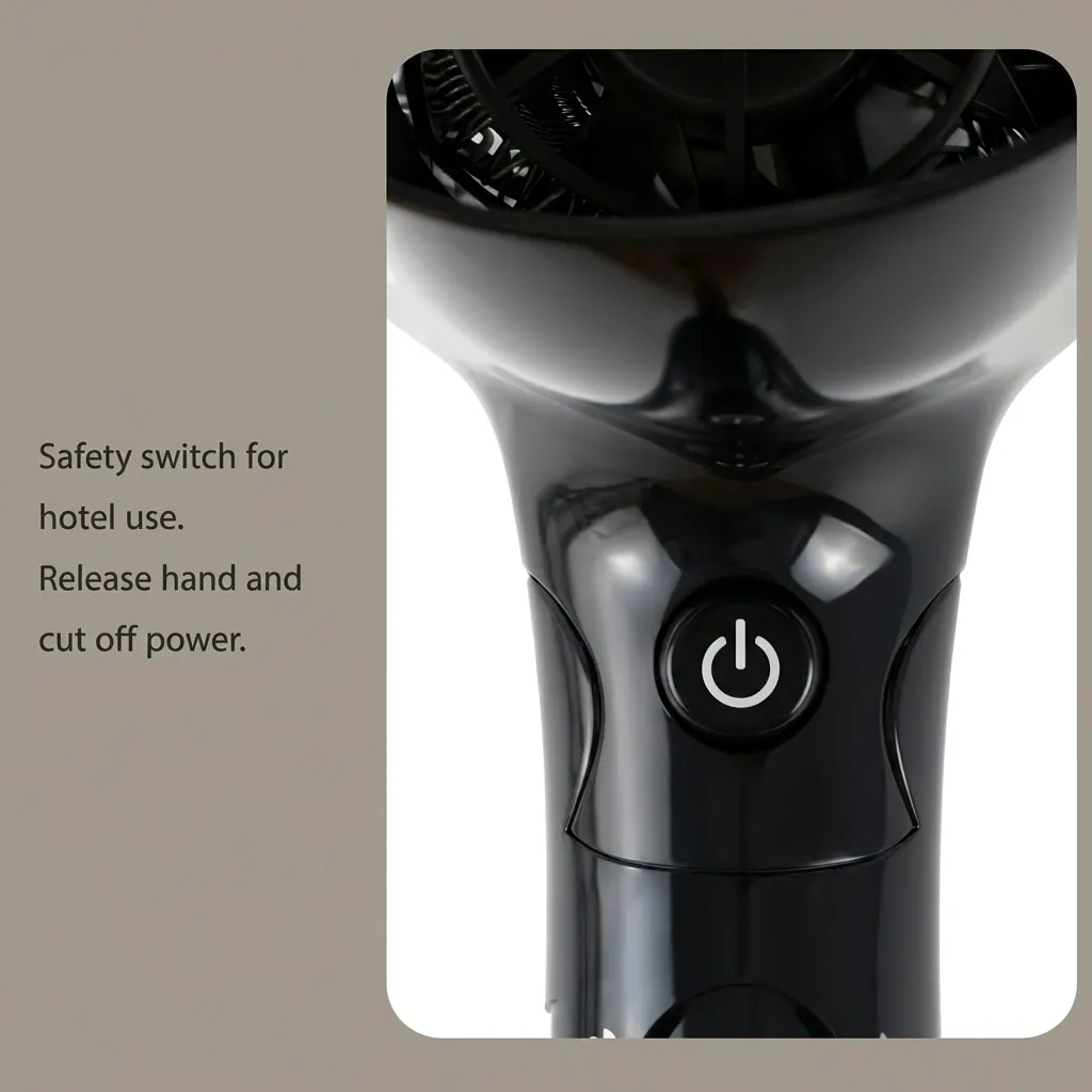 Foldable Hair Dryer 1600W — HDR-1026 — A foldable 1600W hair dryer with three temperature and two speed settings, finished in lustrous silver and black. A hotel safety switch and over-heating protection make it reliable for guest use, while the foldable handle and removable nozzle aid storage. Measures 15.5x8.5x20cm with a 1.8m cord. CE, CB, GCC and RoHS approved. (image 4)