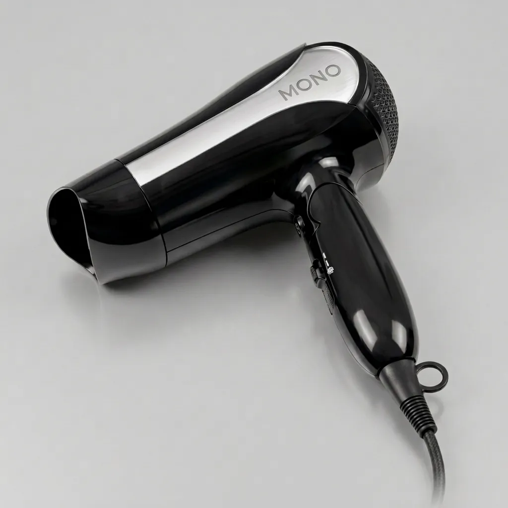 Foldable Hair Dryer 1600W — HDR-1026 — A foldable 1600W hair dryer with three temperature and two speed settings, finished in lustrous silver and black. A hotel safety switch and over-heating protection make it reliable for guest use, while the foldable handle and removable nozzle aid storage. Measures 15.5x8.5x20cm with a 1.8m cord. CE, CB, GCC and RoHS approved. (image 1)